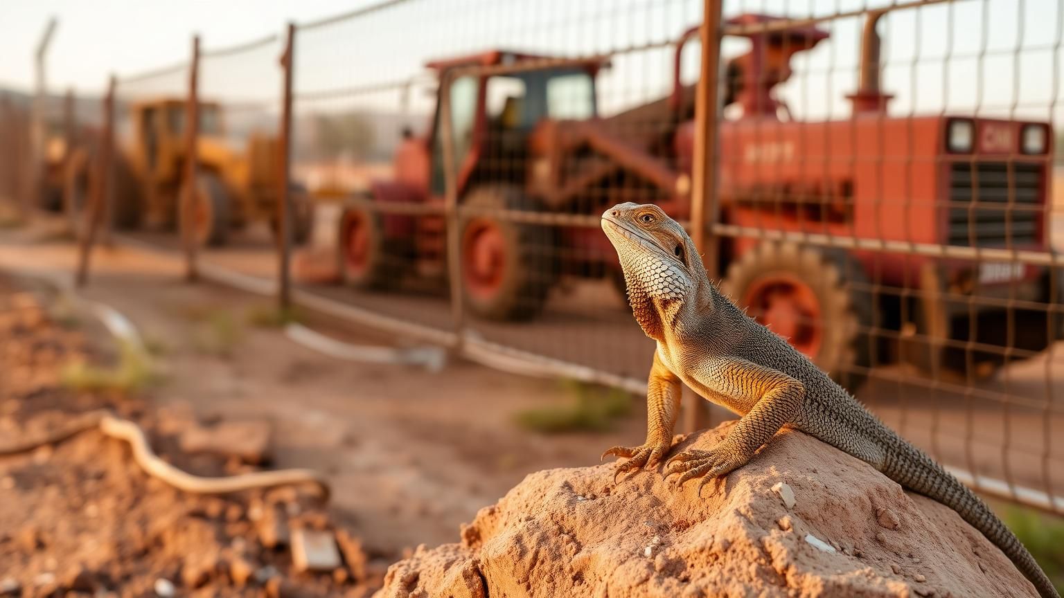 A bearded dragon lizard on red Pilbara dirt with a haul truck in the background — representing World Lizard Day and biodiversity on Australian mine sites